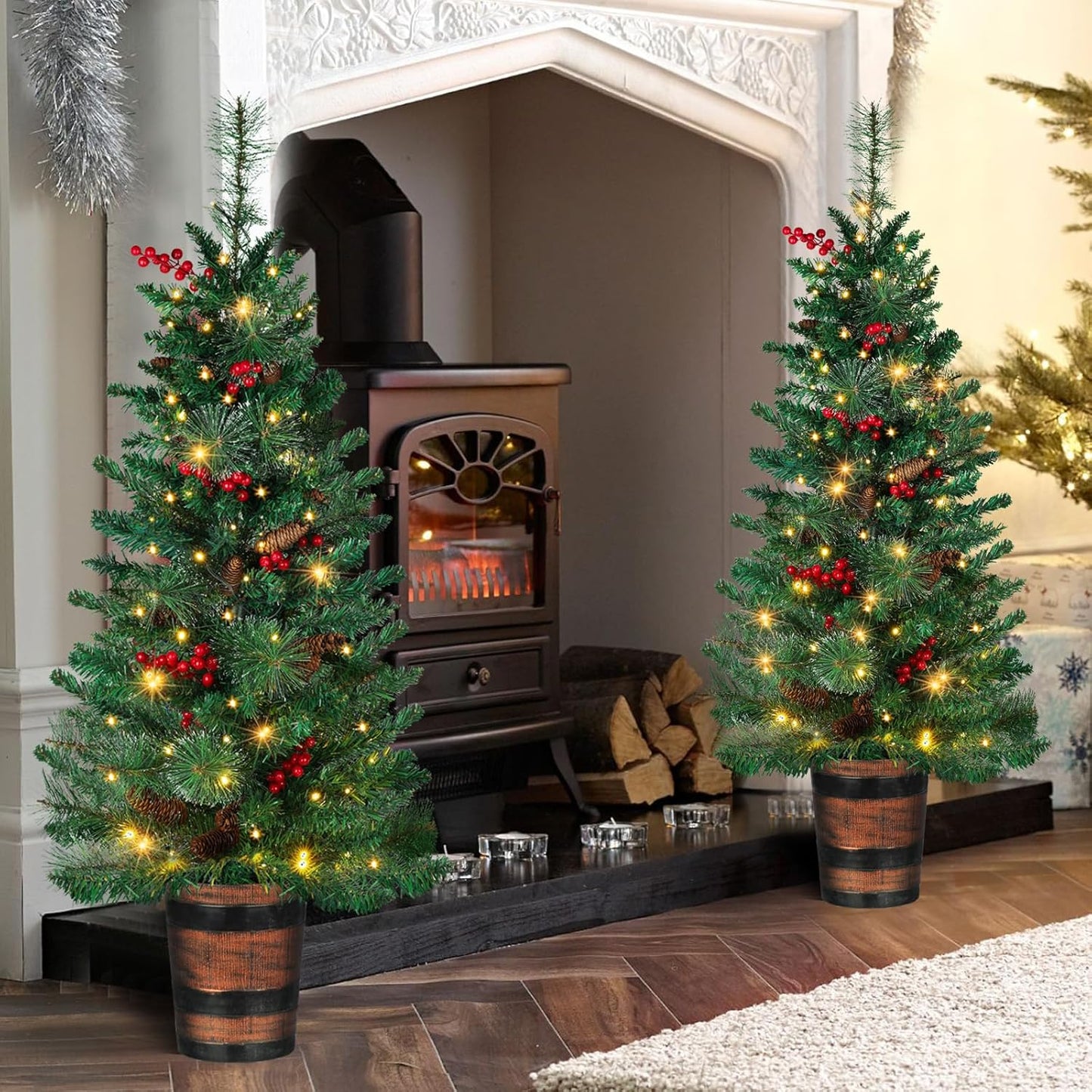 Set of 2 Christmas Trees with Lights 4-FT Artificial Potted Porch Berries and Pinecone Christmas Tree Battery Powered with 8 Modes and Timer for Indoor Outdoor