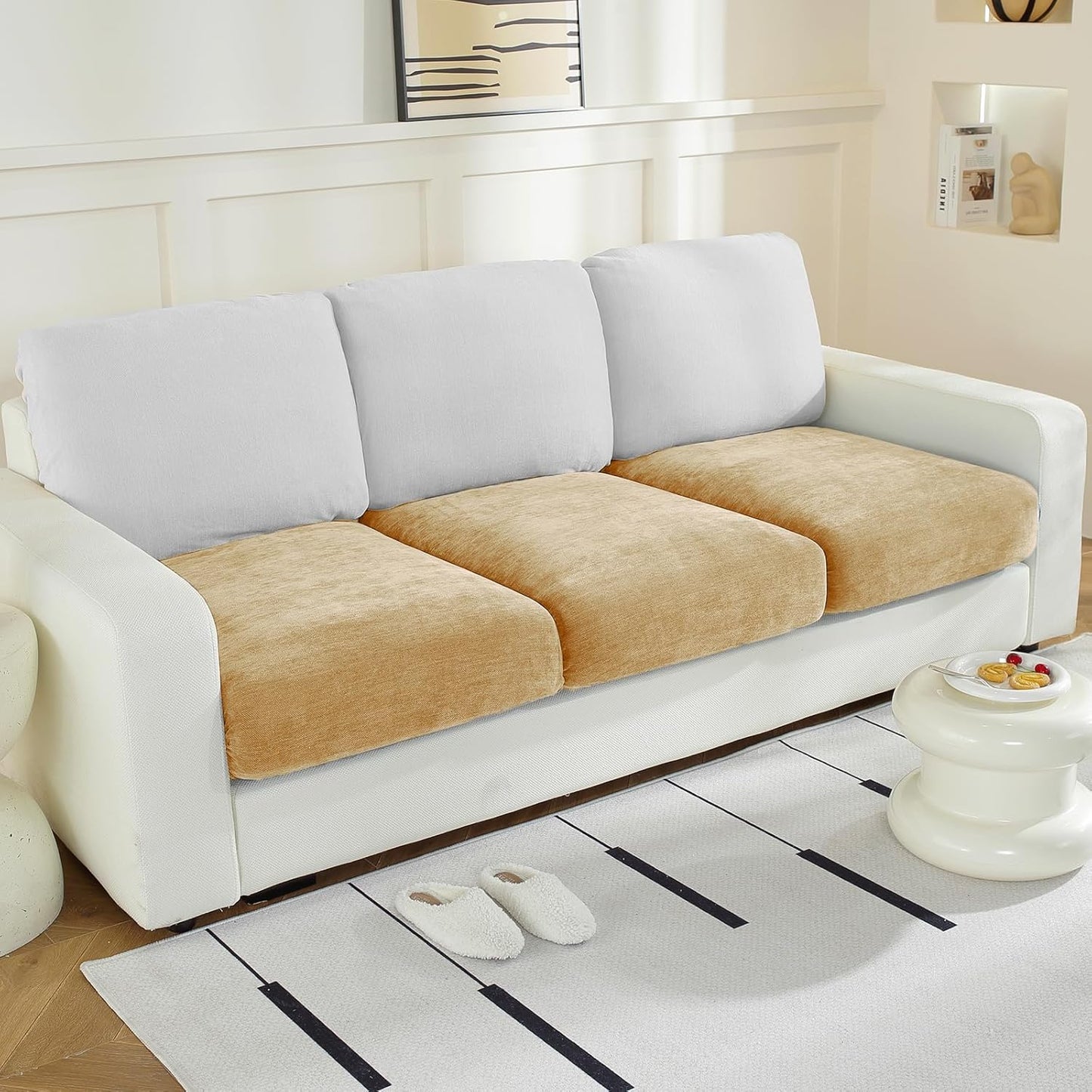 Couch Cushion Covers Individual Large Super Stretch Chenille (Softer Version) Sofa Cushion Covers, Couch Seat Covers Couch Slipcovers Furniture Protector (3PC, Khaki)