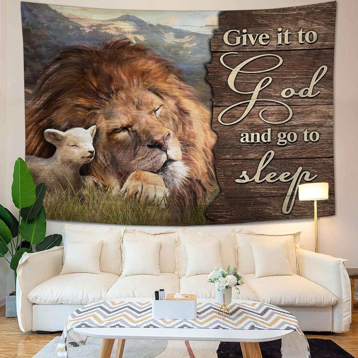 yowecso Lion and Lamb Tapestry Give It To God And Go To Sleep Tapestry Wall Hanging for Bedroom Christian Religious Tapestries Aesthetic Wall Decor for Home Dorm Living Room 40"x60"