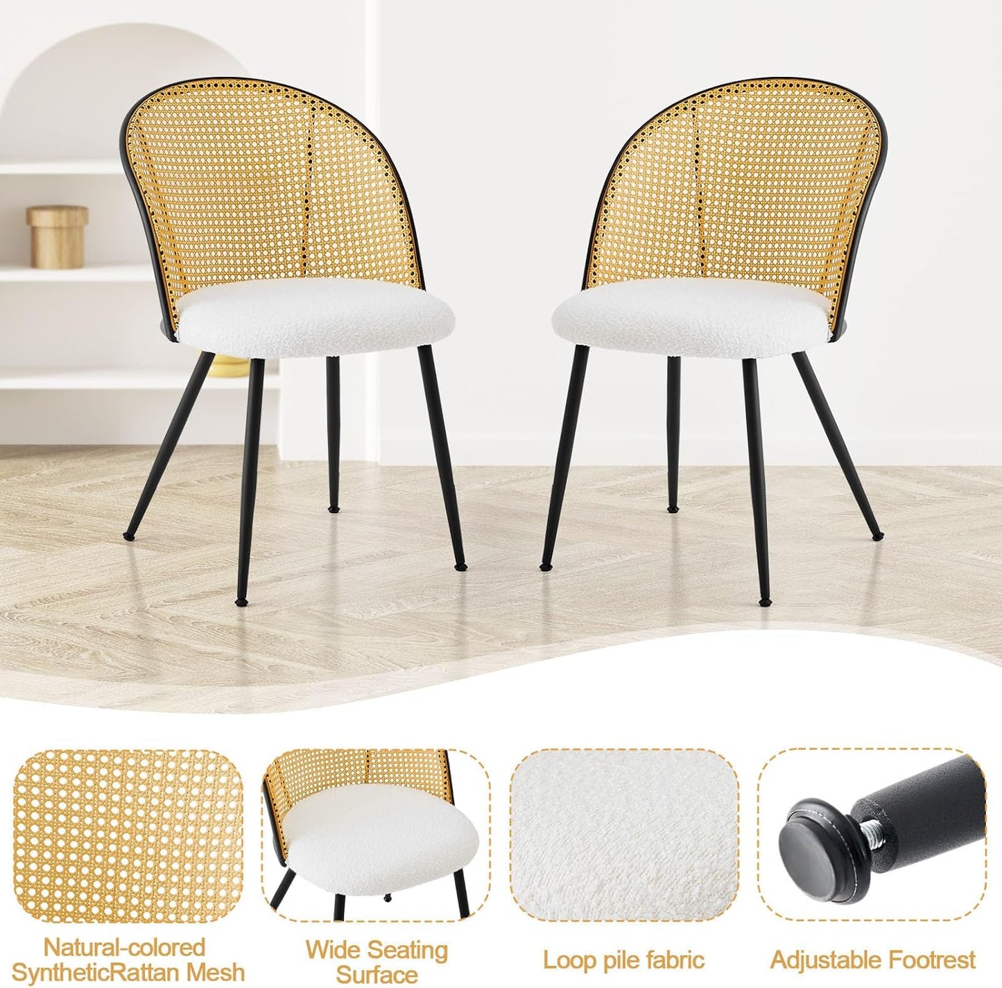 Rattan Dining Chairs Set of 6, Mid-Century Modern Kitchen Dining Room Chairs with Full Cane Backrest Armless Upholstered Farmhouse Boucle Dining Chairs with Metal Leqs for Dining Room, White