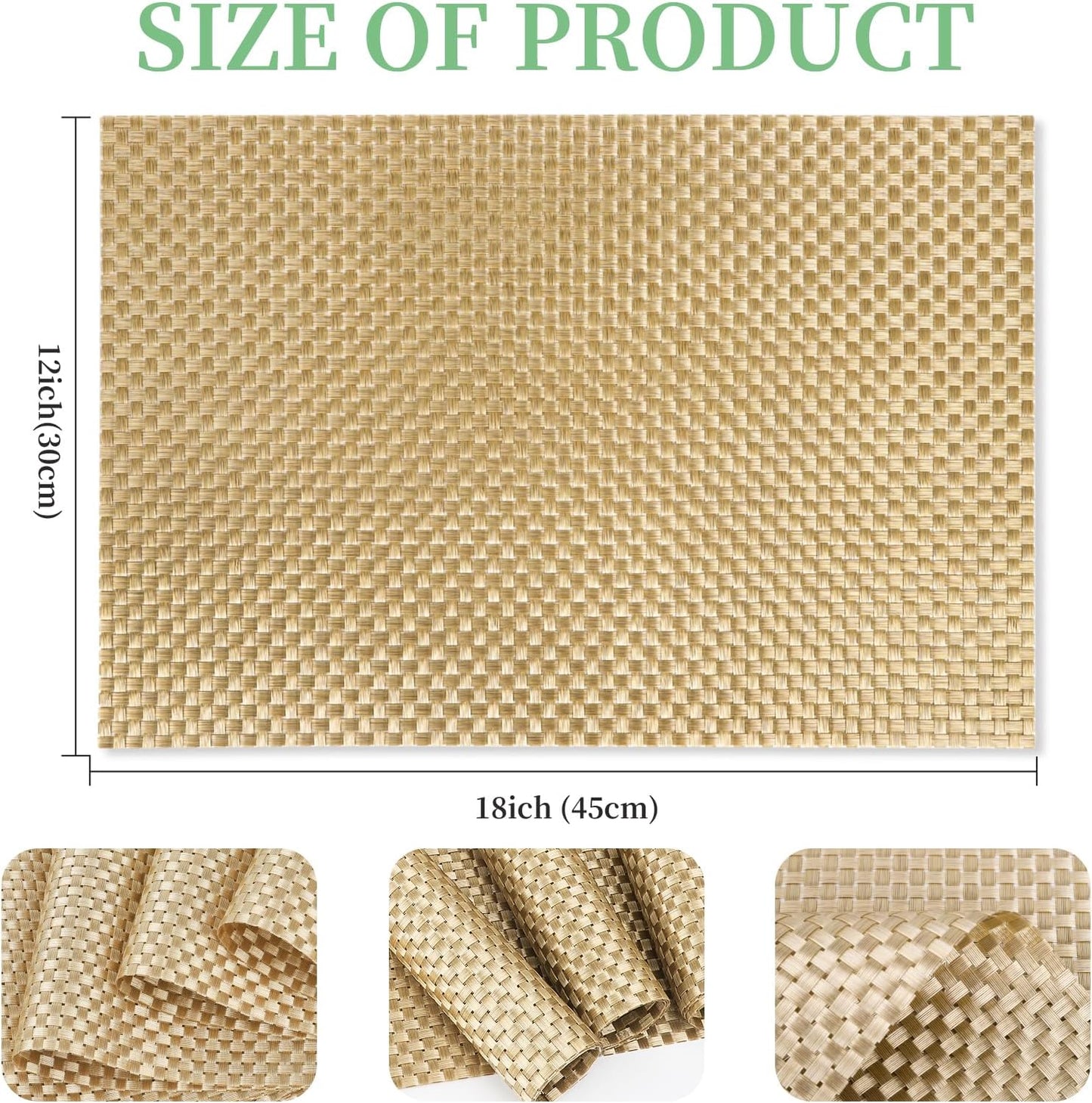 Vinyl Plastic Placemats Set of 4 Washable Heat Resistant Non-Slip Elegant Indoor Outdoor Kitchen Dining PVC Woven Table Place Mats (Gold Weaving)