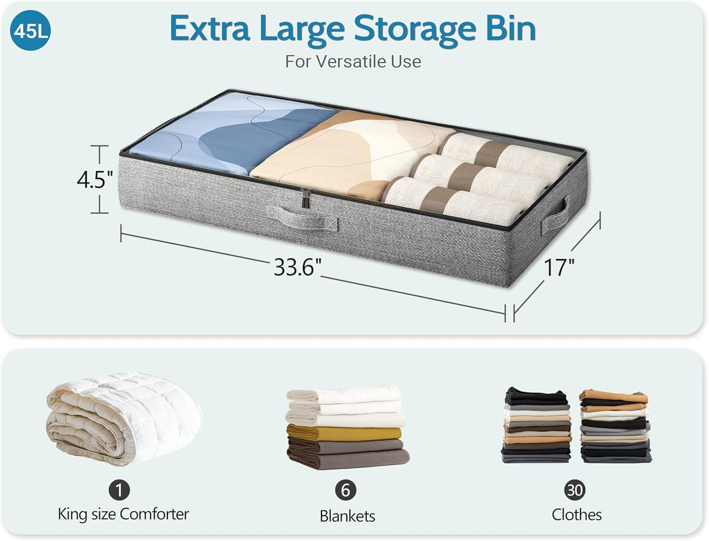 2-Pack Under Bed Storage Containers, 4.5 Inches Tall Low Profile Underbed Clothes Storage Organizer Bin with Sturdy Sidewalls/Bottom, Underbed Storage Bins 2 Storage Thin Bins