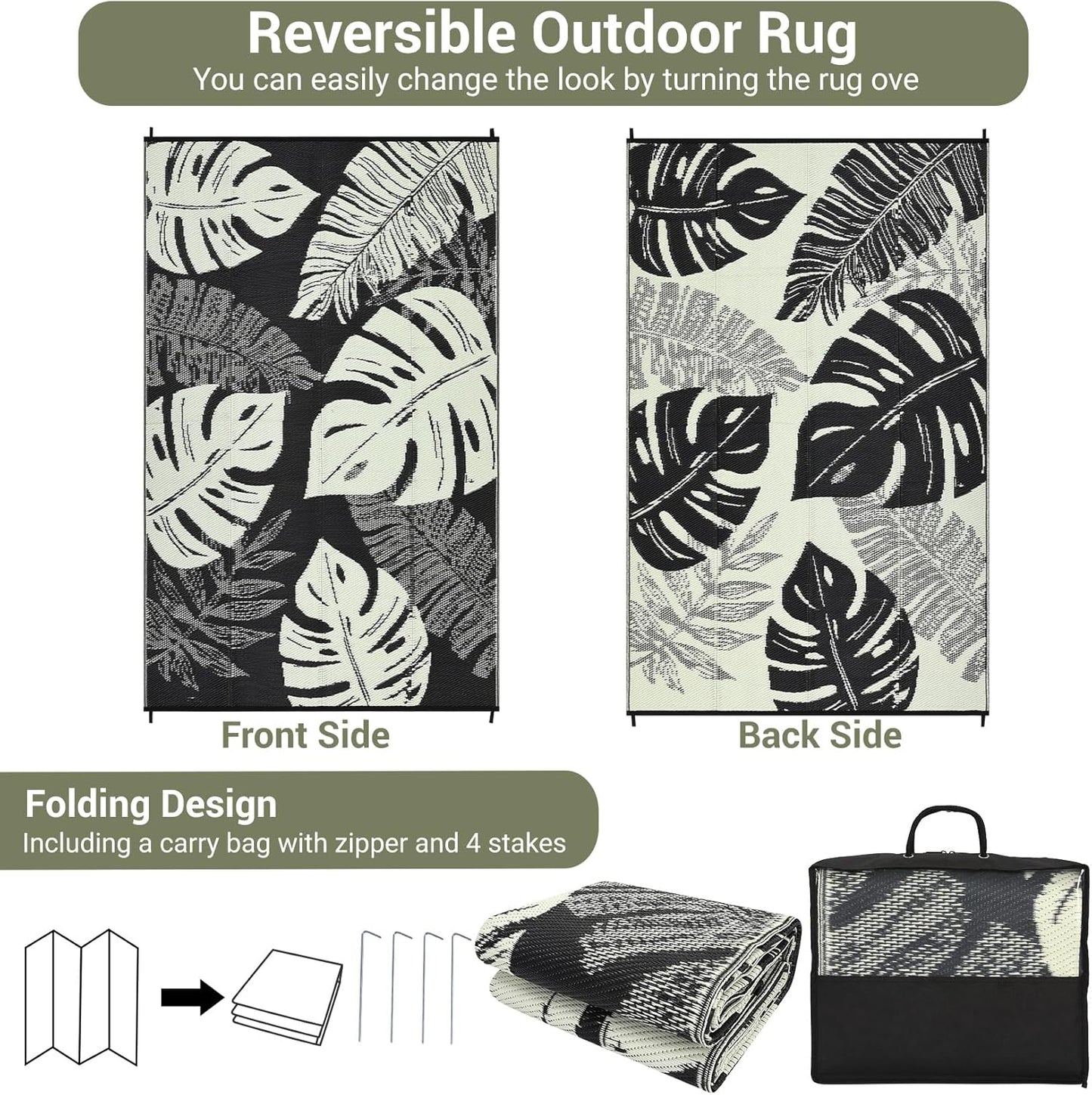 GAOMON Outdoor Rug Waterproof 9x18 Patio Rug Reversible Camping Mat, Foldable Portable Outdoor Plastic Straw Rugs RV Picnic Carpet with Bag & 4 Stakes, UV Resistant Outside Carpet for Deck Balcony