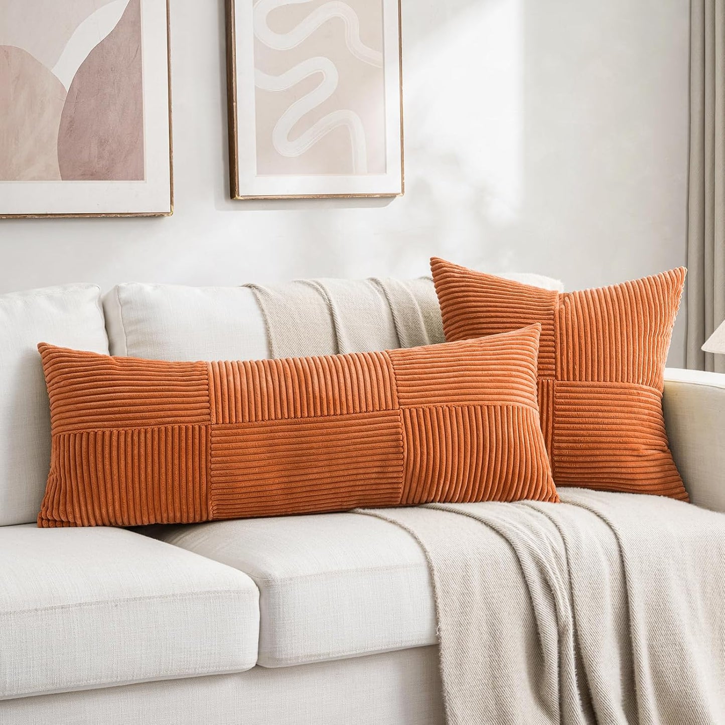 Fancy Homi Set of 2 Orange Boho Long Lumbar Body Decorative Throw Pillow Cover 14x36 Inch for Bed Couch Bedroom Bench, Soft Patchwork Corduroy Textured Pillow Case, Rustic Farmhouse Room Décor