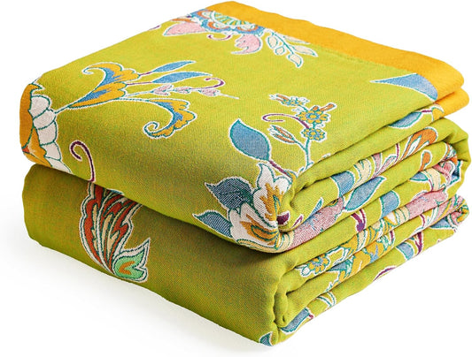 Boho Throw Blanket 80" x 90", 100% Organic Cotton Breathable Ultra Soft Bed Quilt Throw - All Season Luxury Floral Farmhouse Decor Blanket for Sofa Couch Chair and Gift. Green/Blue