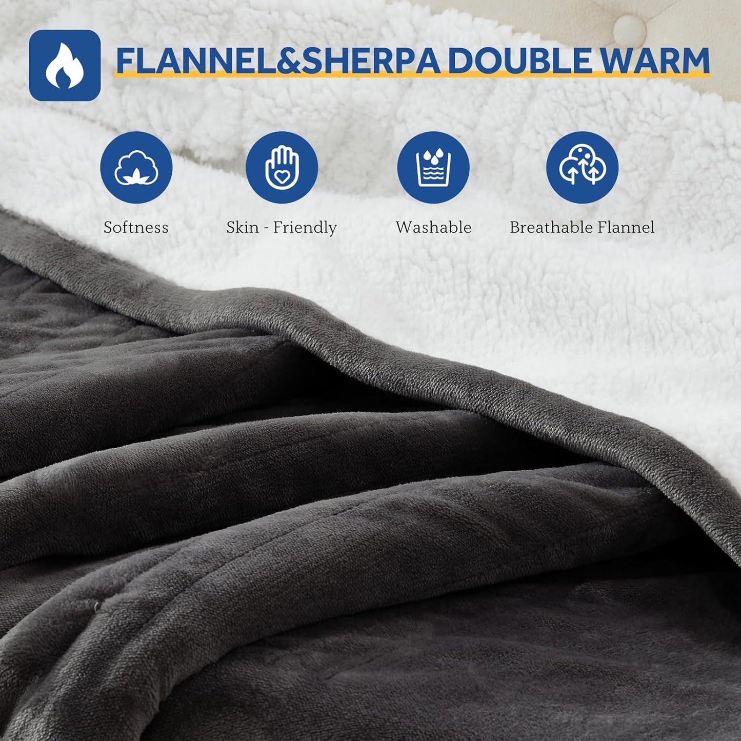 Sealy Electric Blanket Queen 84"*90",Super Cozy Flannel to Sherpa Reversible Heated Blanket Queen Size with 10 Heating Levels & 1-12 Hours Auto Off Overheating Protection Machine Washable,Charcoal