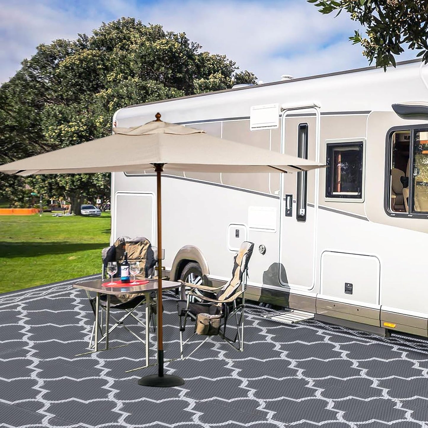 GAOMON Outdoor Rug Waterproof 8'x10', Reversible Outdoor Plastic Straw Rug, Boho Patio Rug, Indoor Outdoor Carpet, RV Mat Outside for Patio, Camp, Picnic, Balcony, Deck, Grey/White(Geometric)