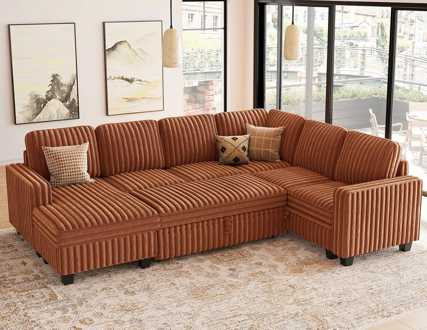Belffin Corduroy Sleeper Sofa Bed with Storage Chaise Modular Sectional Sofa Couch with Pull Out Bed L Shaped Sectional Couches for Living Room Brick Red Couch