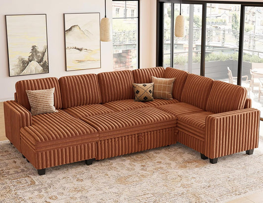 Belffin Corduroy Sleeper Sofa Bed with Storage Chaise Modular Sectional Sofa Couch with Pull Out Bed L Shaped Sectional Couches for Living Room Brick Red Couch