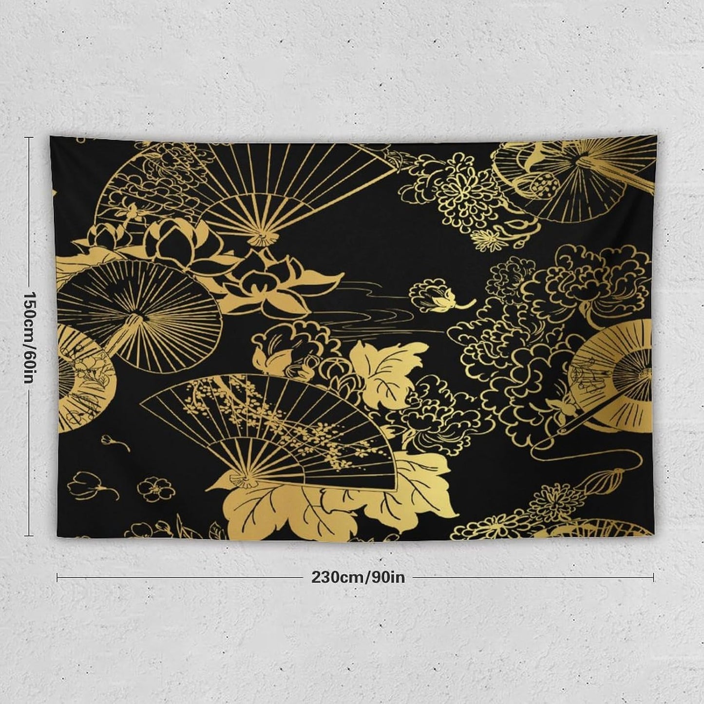 HZOHNAGO Japanese Tapestry Gold Flowers Umbrella Fan Pattern Printed Wall Tapestry Painting Wall Hanging for Bedroom Living Room Dorm 90" W x 60" H