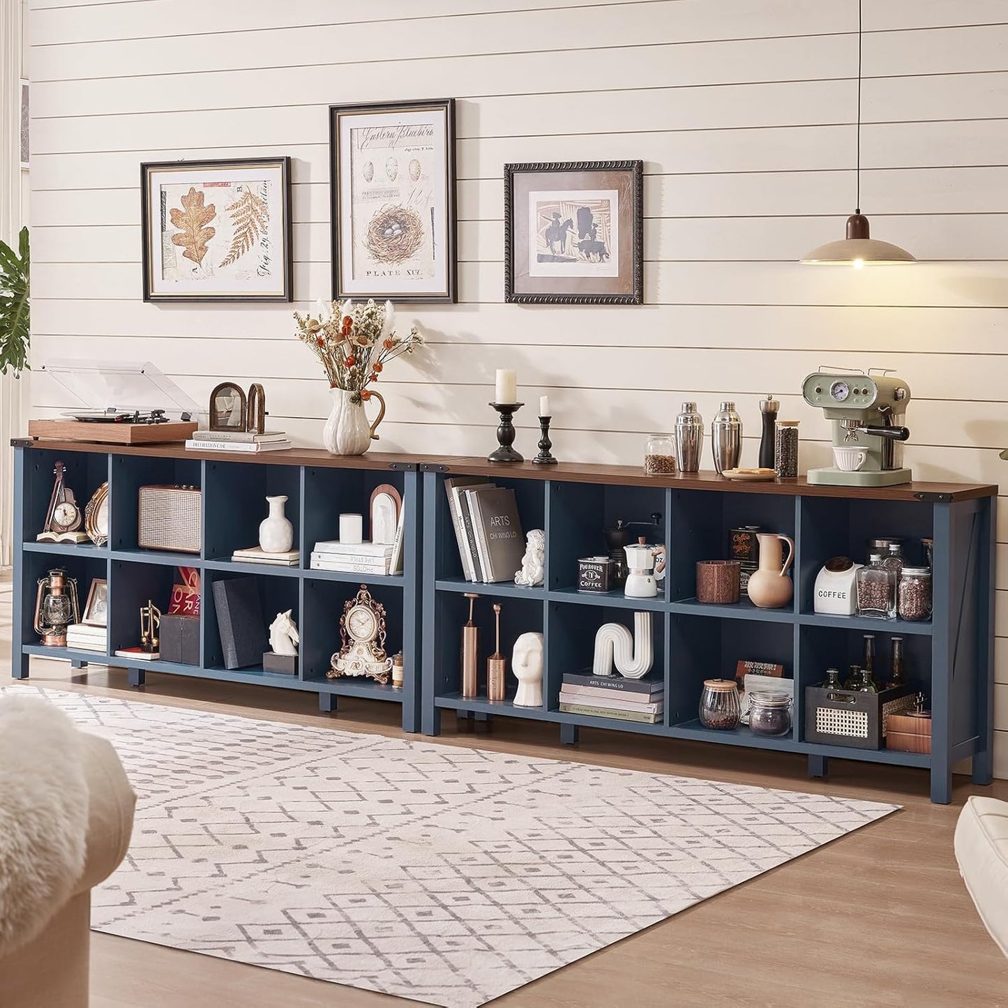 8 Cube Book Shelf, Farmhouse Wood Long Storage Organizer Bookcase, 62" Horizontal Navy Blue Console Closet Bookshelf, Hallway TV Stand for Entryway, Display Cabinet Book Case for Living Room