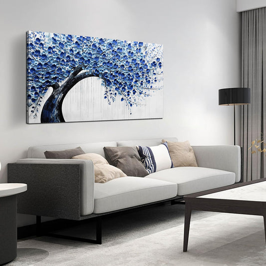 Large Wall Art for Living Room Bedroom Home Office Blue Tree of Life Wall Art Floral Picture Framed Wall Decor Modern Canvas Prints 24x48 In