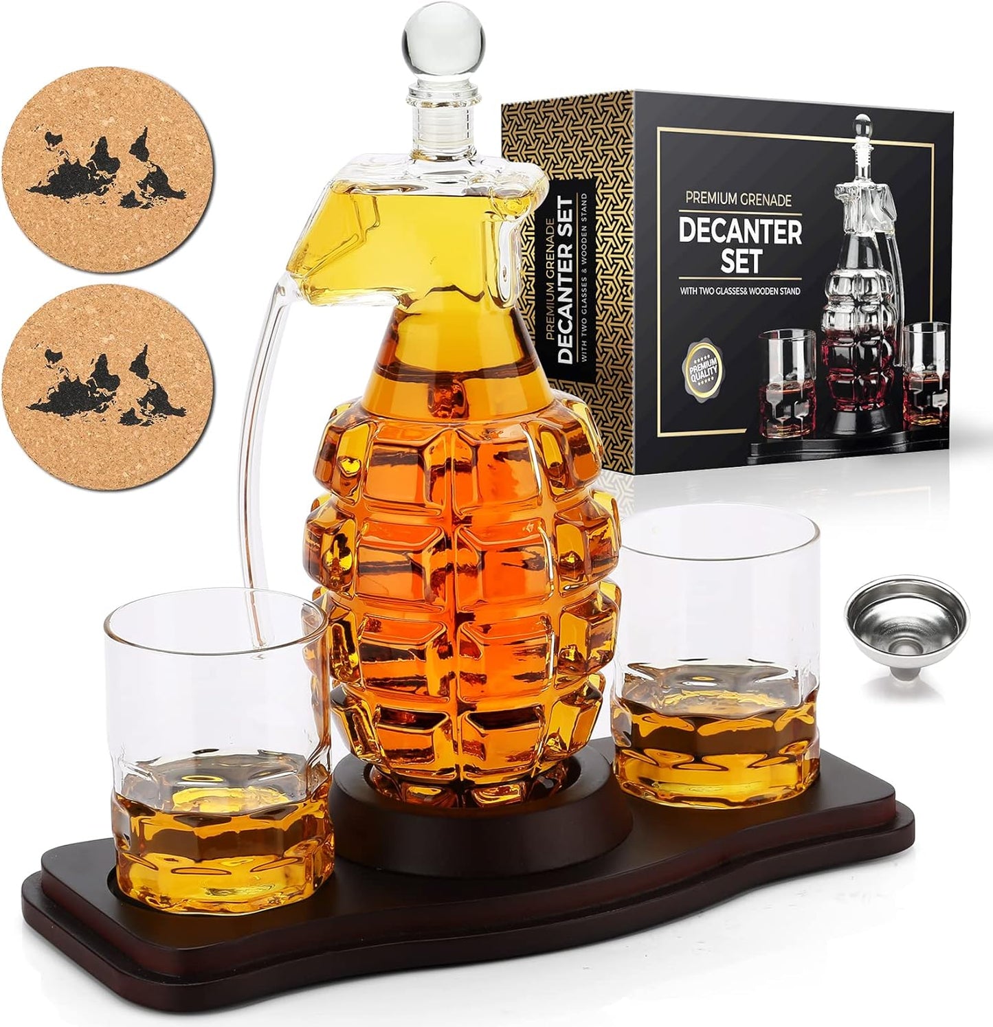 Whiskey Decanter Set Grenade Shaped Liquor Decanter Set with 2 Glasses - Scotch Bourbon Drinking Gift for Men&Women Dad Husband Boyfriend Brother Anniversary Birthday Christmas House Warming Present