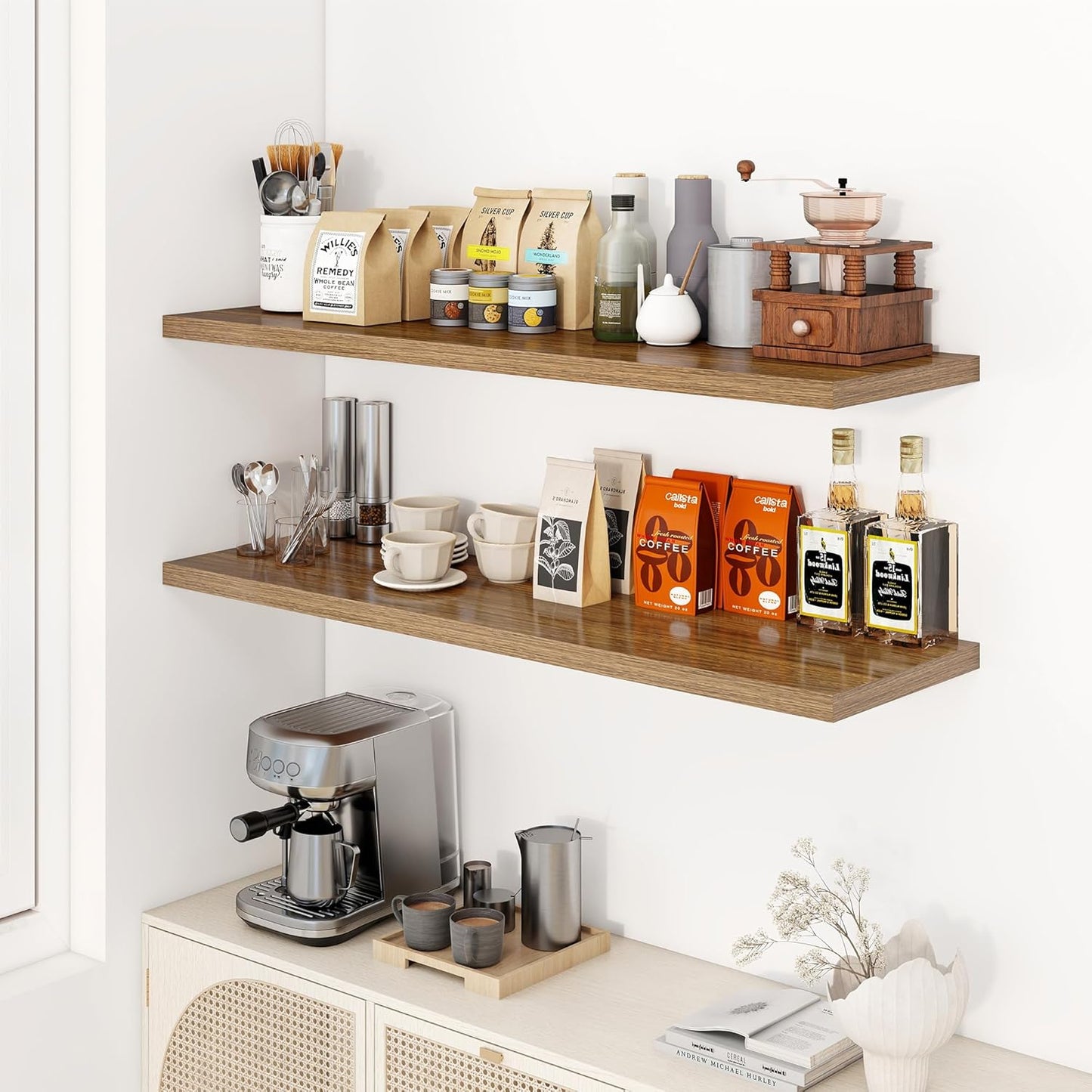 48" Floating Shelves for Wall, 12" Deep Slim Walnut Floating Shelves, Wall-Mounted Shelves for Bedroom, Living Room, Kitchen, Bathroom - Set of 2