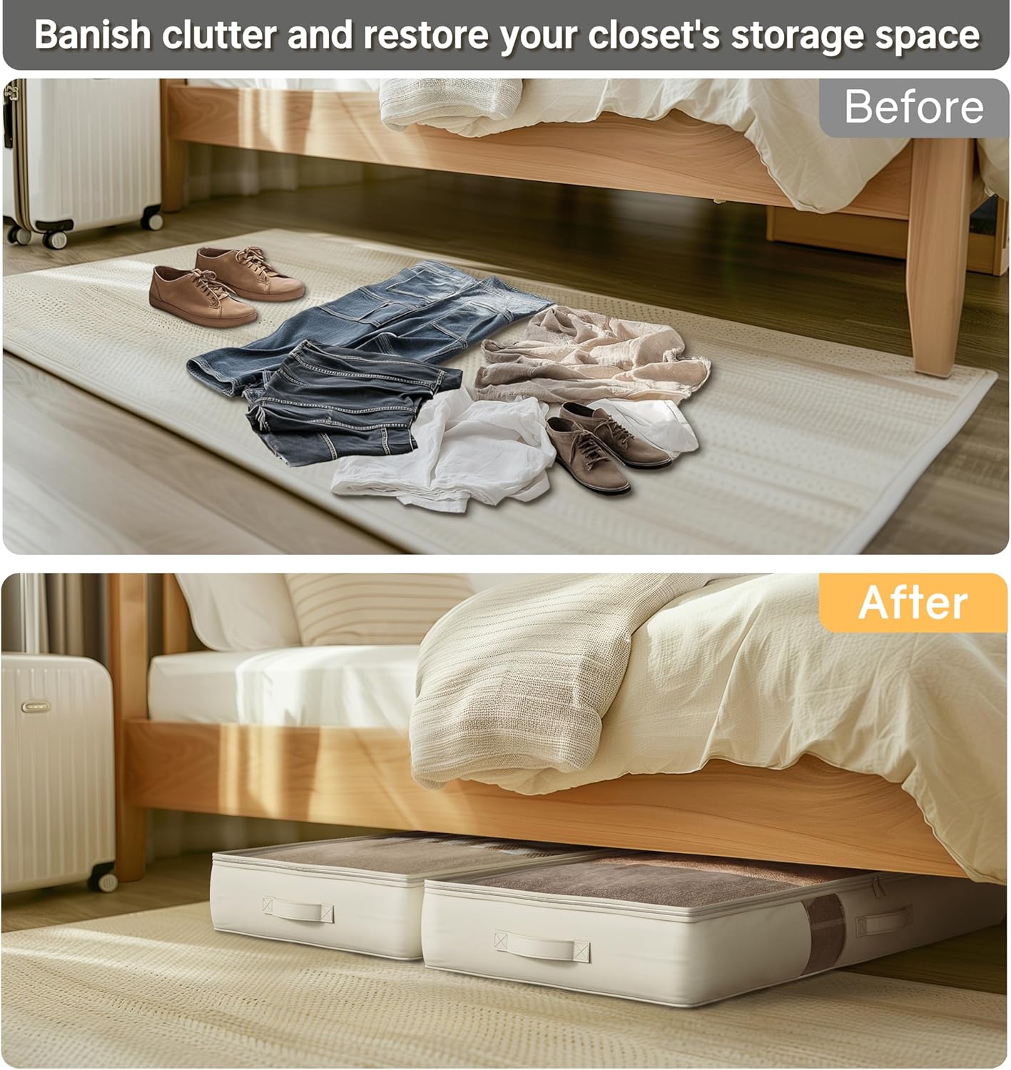 Soft-Sided Foldable Under bed Storage Bags with Window,No Rigid Frame Closet Organizers,Storage Containers for Blankets, Clothing, Comforter, Collapsible Fabric Design,4 Pack, White Ivory