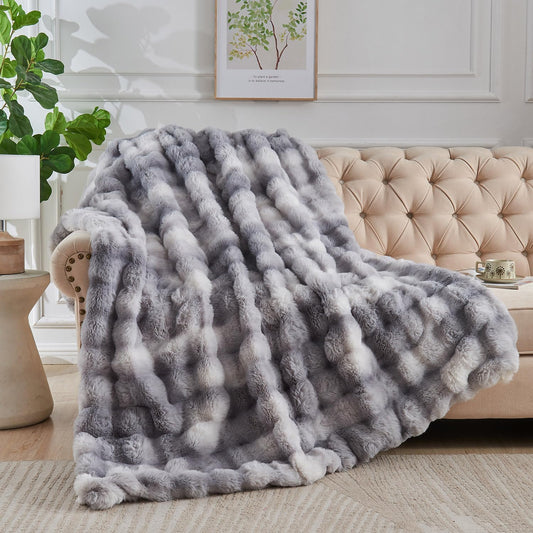 Lotus Karen Faux Fur Throw Blanket - Tie-Dye Gray, Big Bubble Rabbit Fluff, 50x60 Inches