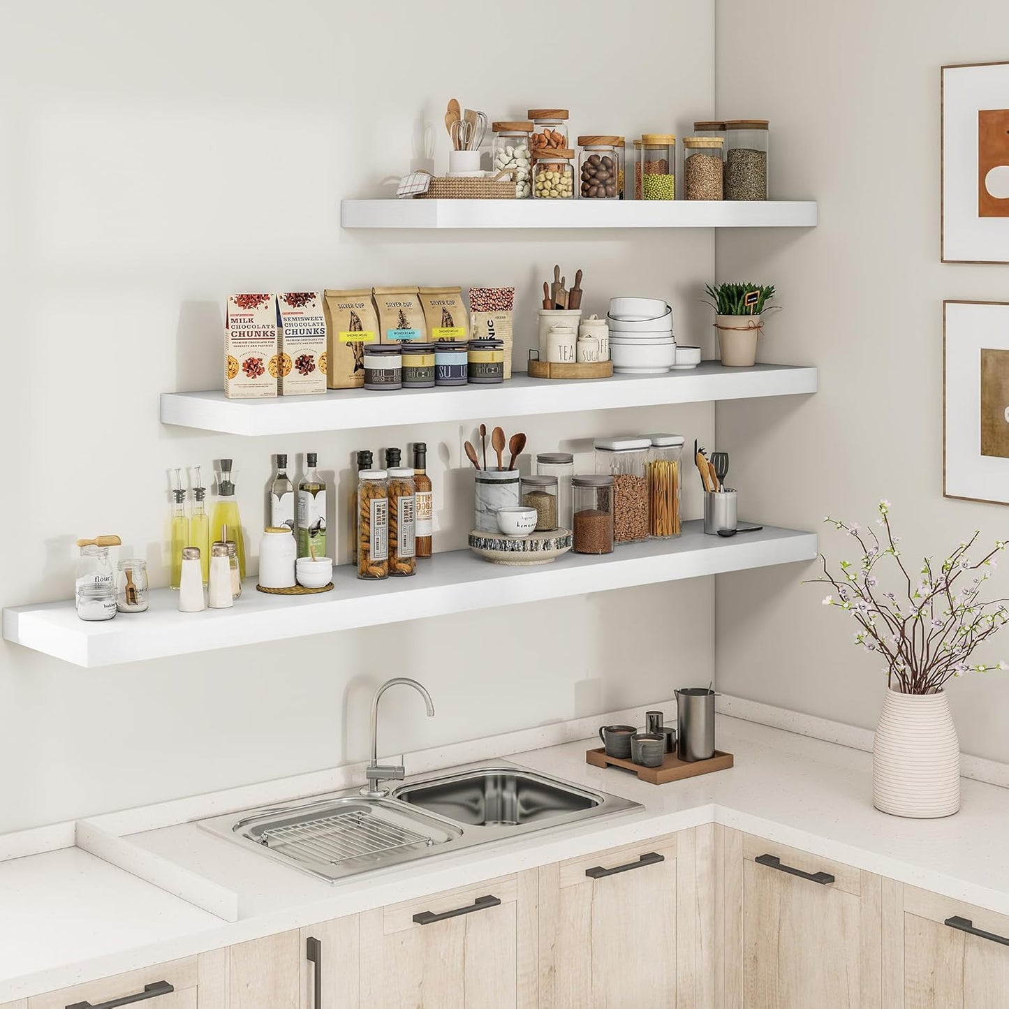 RICHFOCUS 55Inch Floating Shelves for Wall 1 Pack Shelves for Bedroom|Kitchen|Bathroom Wall Mounted Rustic Wood Floating Shelf with Invisible Brackets for Books|Storage|Decor, White