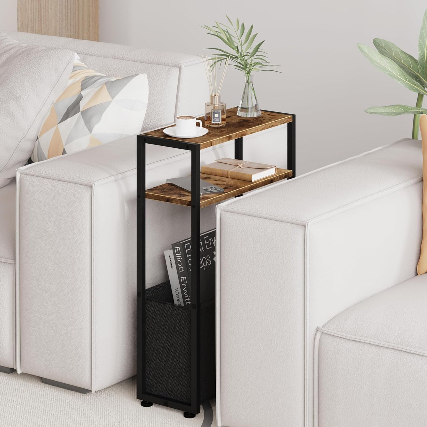 Narrow Side Table, Slim End Tables with Fabric Basket, Skinny Table for Small Spaces, Thin Bedside Table for Living Room, Bedroom