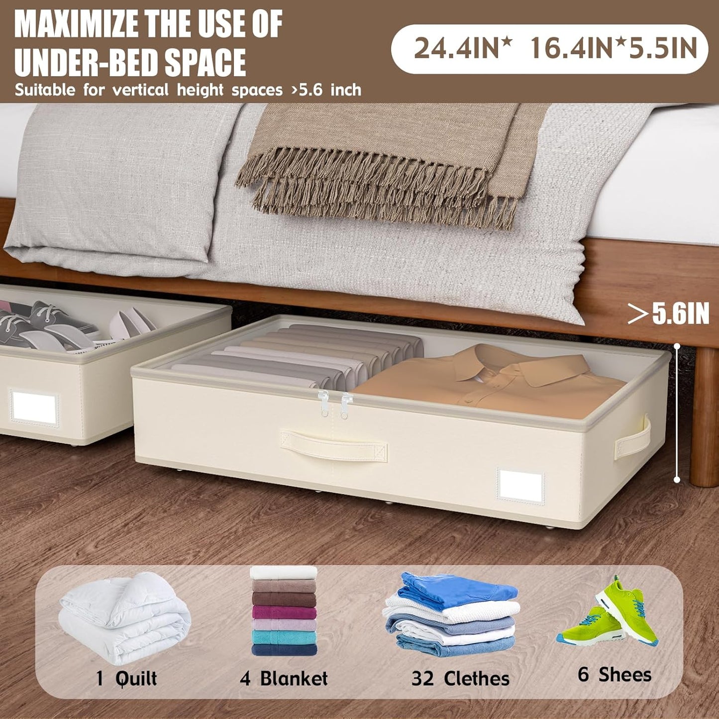 Under Bed Storage with Wheels, No Assemble Required 5.5 inches height beige under bed storage bins,Low Profile Rolling Under bed Shoe Storage containers，dorm under bed storage drawers