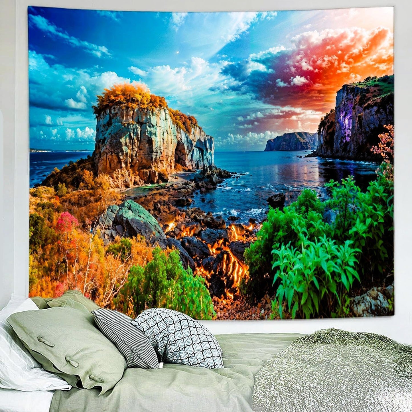 Delur Coastal Ocean Beach Tapestry Tropical Forest Tree Sunrise Sea Landscape Tapestry Wall Hanging Wave Sunset Nature Colorful Spiritual Headboard for Bedroom Living Room Home Decor (59.1" x 78.7")