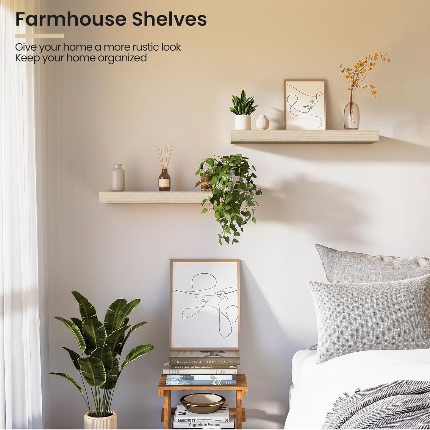 Natural Wood Floating Shelves 16”x 8”x 1.4” Book Shelf Floating for Wall Mounted, Heavy Duty Shelf Hold 35 lbs, Unfinished Wall Shelves for Bathroom, Living Room, Kitchen, Bedroom, Office