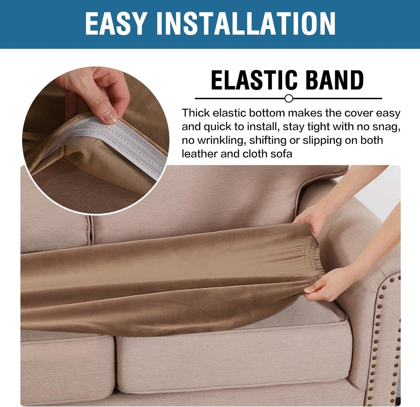 H.VERSAILTEX Velvet Stretch Individual Couch Cushion Cover Plush Cushion Slipcover for Loveseat Sofa Cushion Furniture Protector Seat Cushion Sofa Cover (1 Piece Sofa Cushion Cover, Camel)