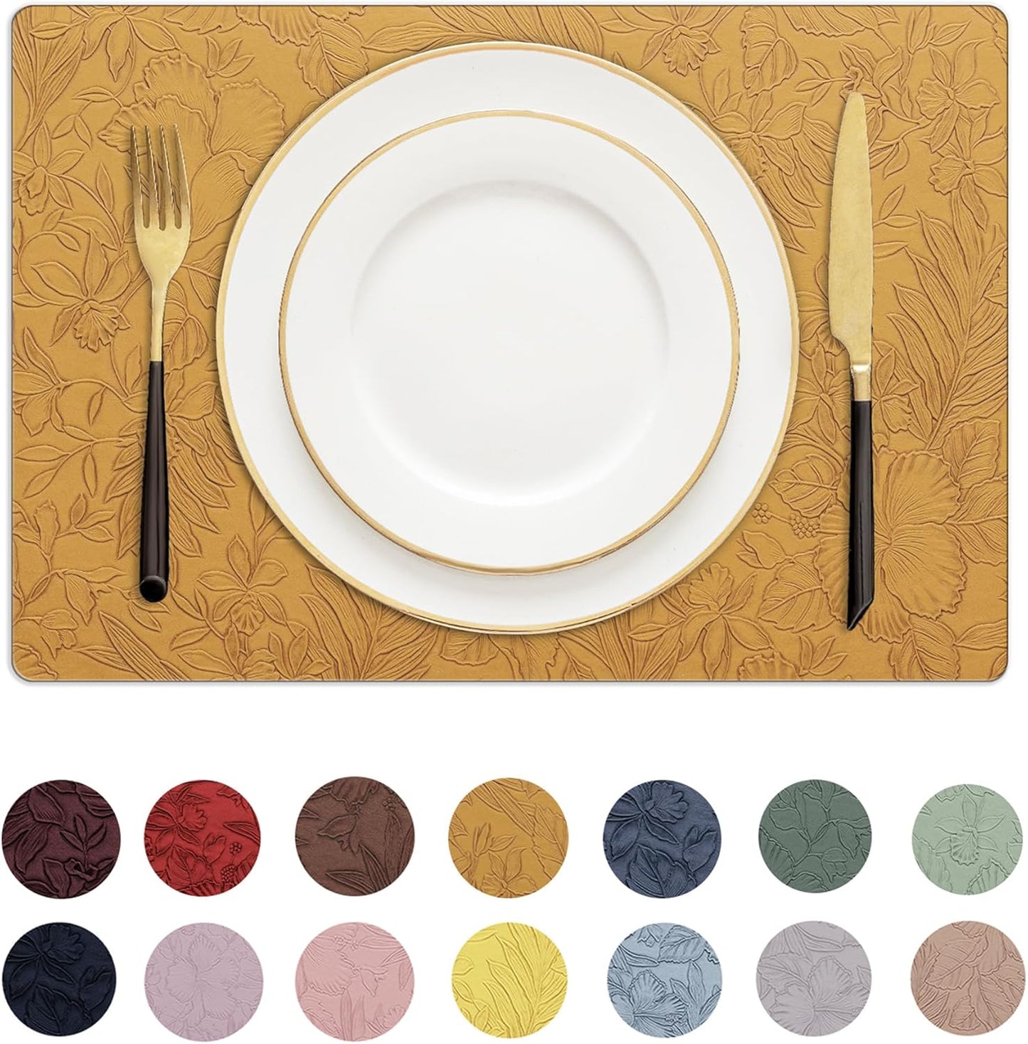 Romanstile Vinyl Placemats Set of 6-12 X 18 Inch - Heat Resistant Non-Slip Embossed Floral Place Mats 100% Waterproof Oilproof Wipeable Faux Leather Table Mats for Kitchen/Dining/Party, Gold
