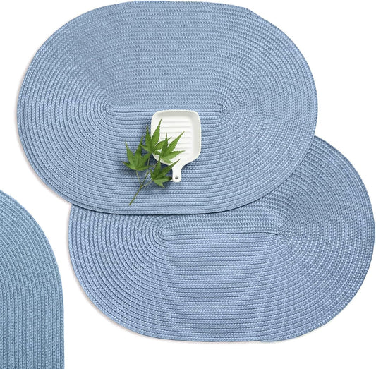 AHHFSMEI Placemats Set of 6 for Dining Table Washable Woven Vinyl Non-Slip 18x12 inches Placemat Heat-Resistant Durable Table Mats for Dining Table Easy to Clean(Light Blue)
