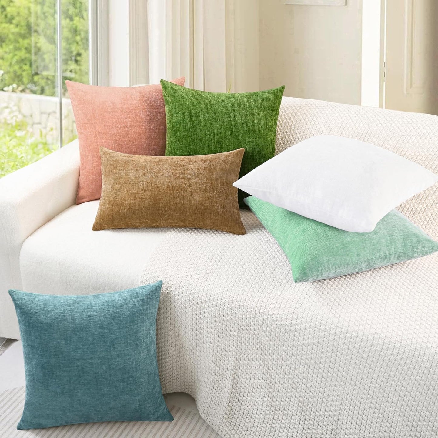 CaliTime Throw Pillow Covers Decorative 22 X 22 Inches Pack of 2 Cozy Chenille Cushion Cases for Couch Sofa Bed Living Room Home Grey Green