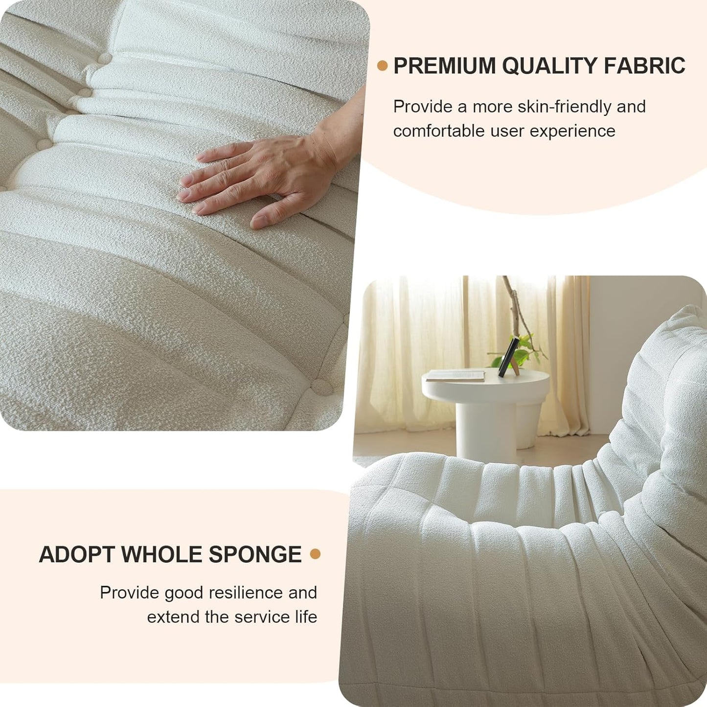 Luxury Sofa Couch Chair, Lazy Floor Seating, Fireside Bean Bag Chair, Ergonomic Tatami Sofa Lounger for Living Room, Bedroom, Office, Single Seat, White