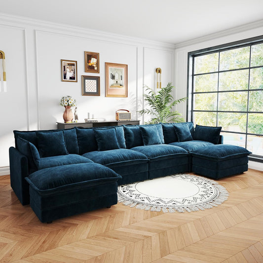 Sectional Sofa 4 Seater with Movable 2 Ottomans,Oversized Modular Couch Deep Seat (Blue, 146.5 inch-U)