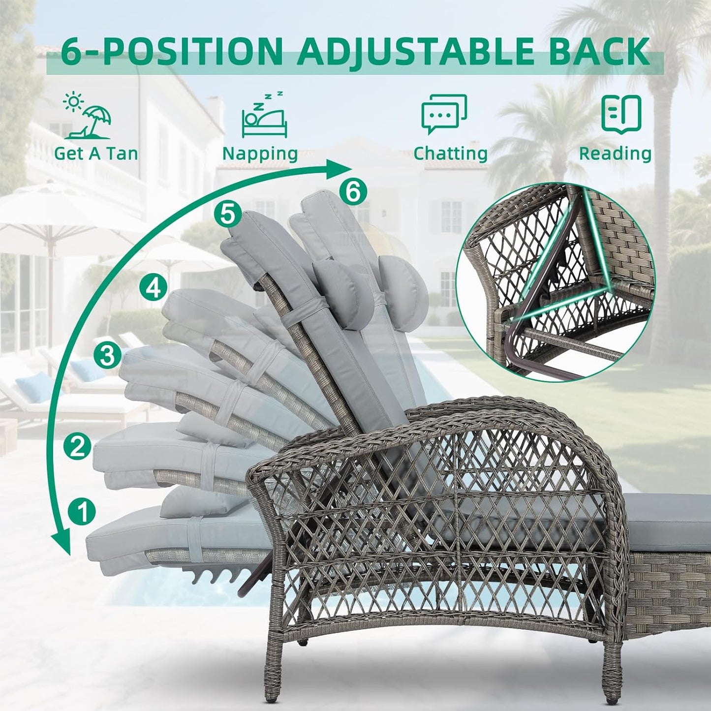 VIVIJASON Outdoor Wicker Chaise Lounge Chair, All-Weather PE Rattan Cushioned Patio Lounger Chair, 6-Position Adjustable Pool Sunbathing Recliner with Armrest & Pillow for Poolside Deck Yard, Gray