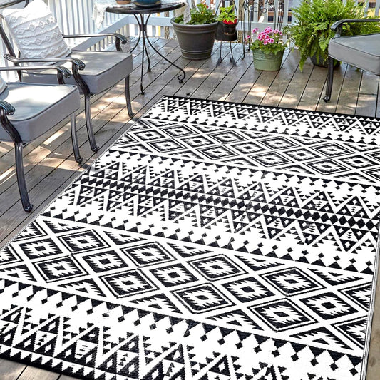 Waterproof Outdoor Rug 6x9ft, Bohemia Reversible Plastic Straw Mat for Patio RV Deck Porch Backyard Balcony Camping Picnic Beach Indoor Outdoor Carpet, Black&White