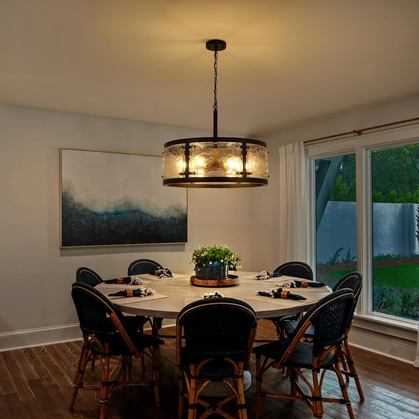 23.6" Large Farmhouse Drum Black Chandelier, 6-Light Vintage Round Glass Chandeliers for Dining Room, Industrial Light Fixture for Kitchen Living Room Stairwell, Clear Waterglass Drum Shade