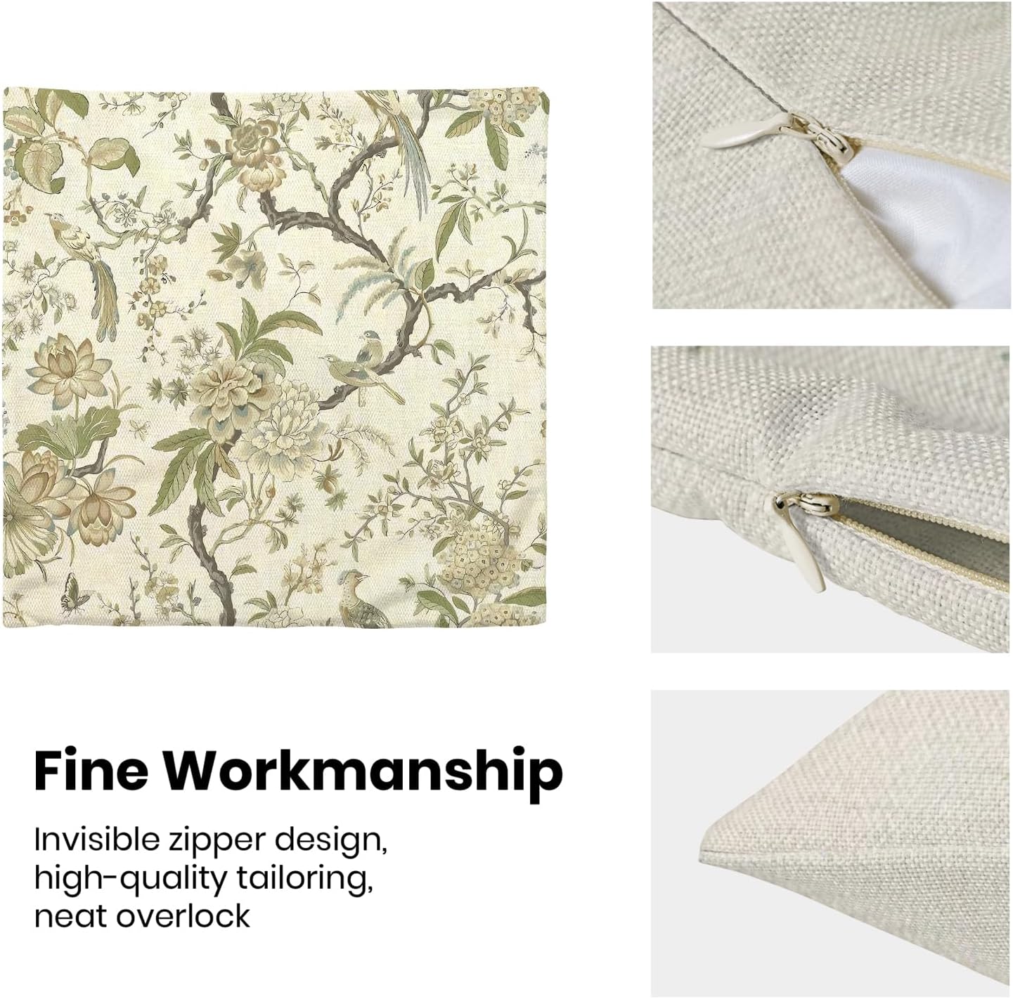 CXMEIFLY Spring Floral Birds Pillow Covers 20 x 20 Inch Set of 2 for Chinoiserie Flowers Decor Throw Pillows Sage Green Plant Outdoor Decorative Cushion Cases for Couch Bed Decorations