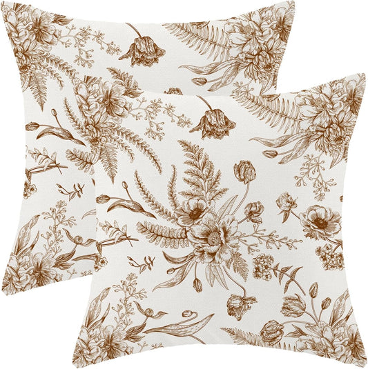 CXMEIFLY Spring Floral Leaves Pillow Covers 20 x 20 Inch Set of 2 for Chinoiserie Flowers Decor Throw Pillows Brown and White Seasonal Plant Outdoor Decorative Cushion Cases for Couch Bed Decorations