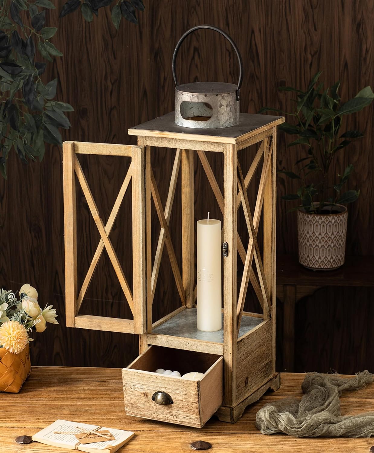 TIMRIS Large Farmhouse Wooden Candle Lantern Set of 2, Rustic Floor Candle Lanterns with Drawer, Vintage Hurricane Lantern Holder for Indoor Outdoor Decor (No Glass)