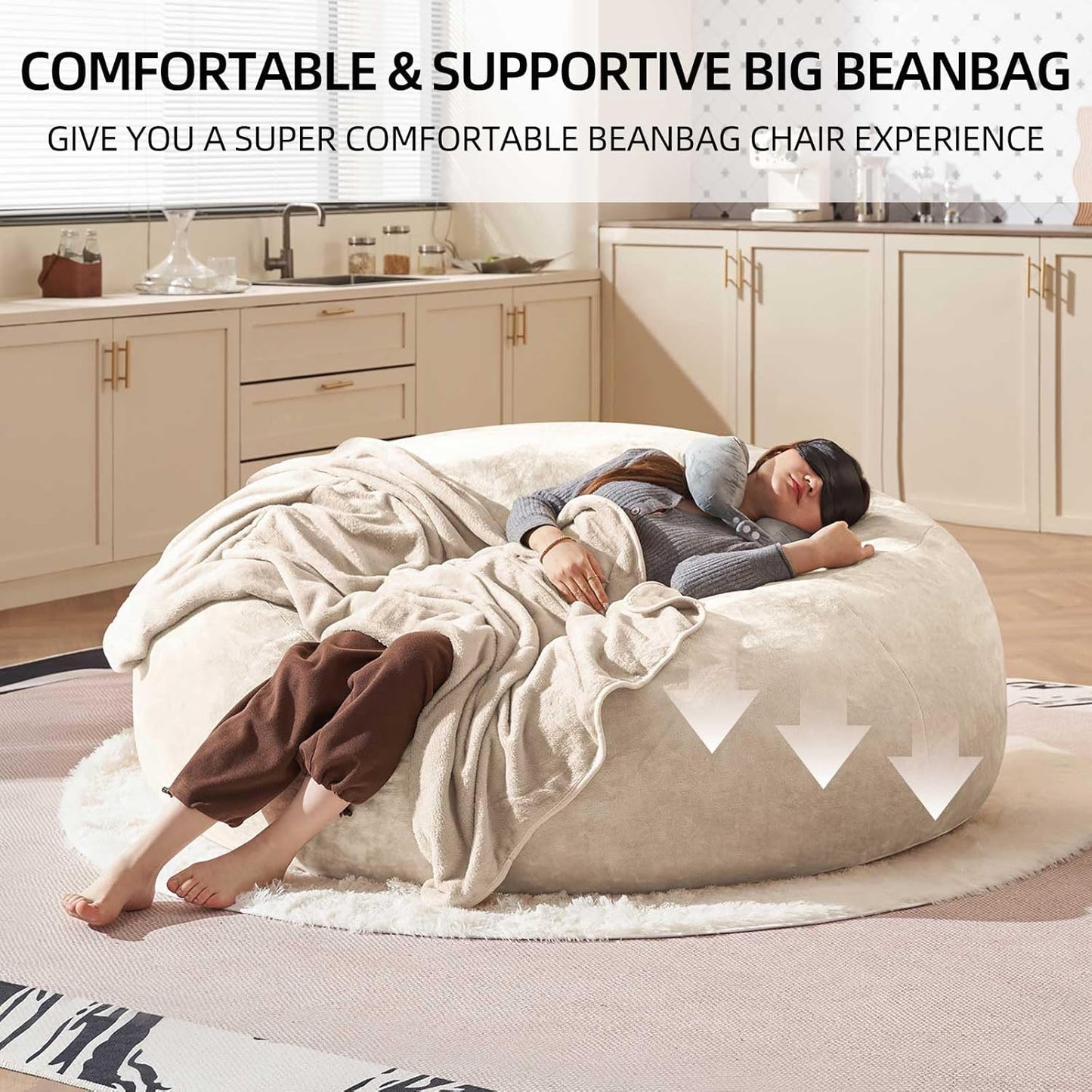 Bean Bag Chair 6Ft, Memory Foam Filled, Large Beanbag Chairs for Adults and Teens, Soft Sofa with Removable Flannel Cover, Round Couch for Living Room Bedroom College Dorm (Apricot, 6FT-67×67"×24")