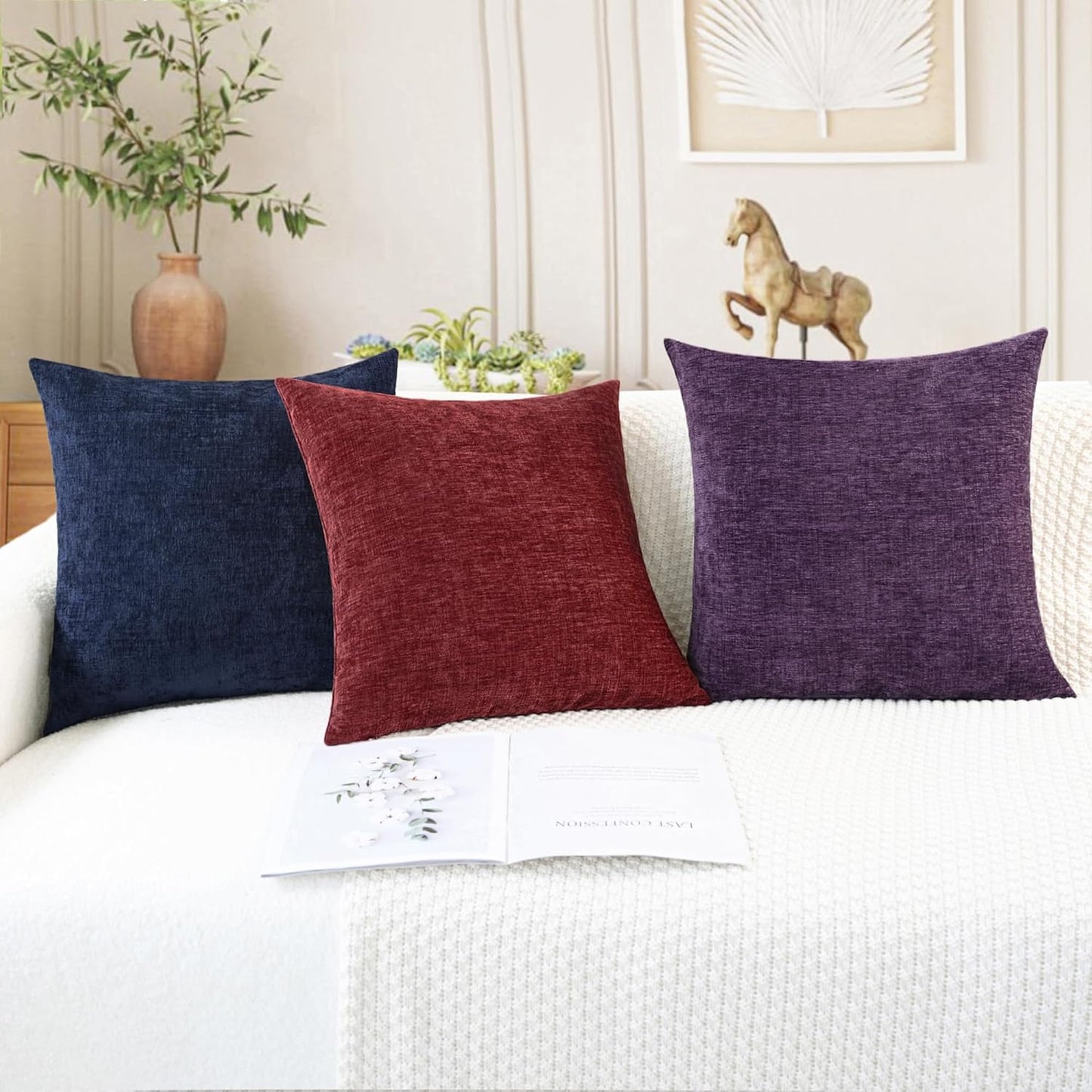 CaliTime Throw Pillow Covers Decorative 24 X 24 Inches Pack of 2 Cozy Chenille Cushion Cases for Couch Sofa Bed Living Room Home Navy Blue