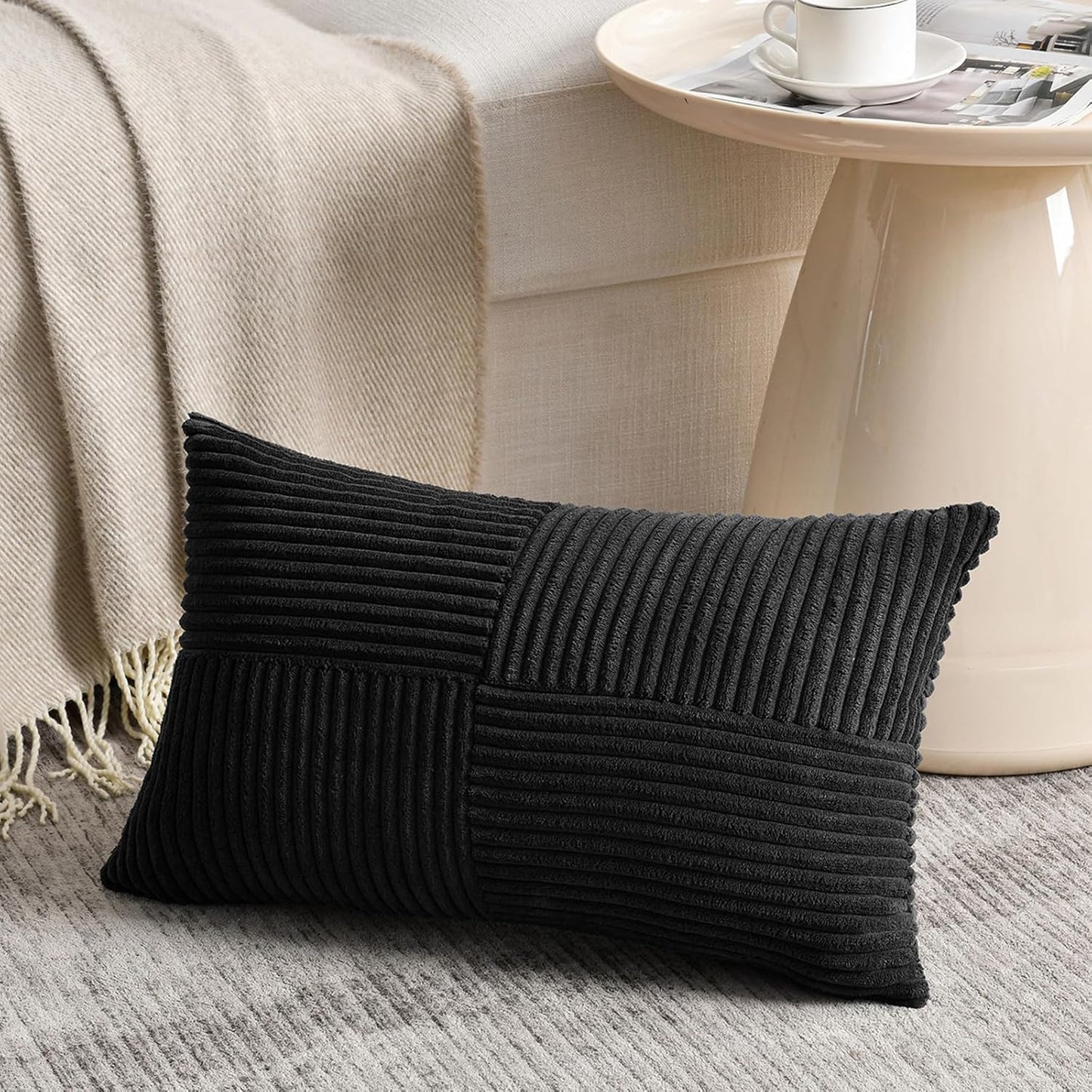 Fancy Homi 2 Packs Black Lumbar Decorative Throw Pillow Covers 12x20 Inch for Living Room Couch Bed Sofa, Rustic Farmhouse Boho Home Decor, Soft Striped Corduroy Rectangle Accent Cushion Case 30x50 cm