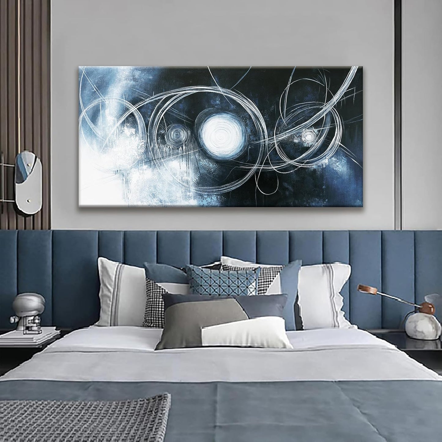 TAIJXAGSG Large Abstract Wall Art For Living Room Modern Dark Blue Wall Canvas Decorations White Line Canvas Wall Art Decor Prints Artwork Bedroom Kitchen Office Home Wall Artwork 29"×58"