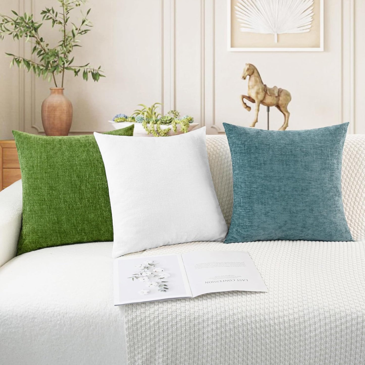 CaliTime Throw Pillow Covers Decorative 12 X 20 Inches Pack of 2 Cozy Chenille Cushion Cases for Couch Sofa Bed Living Room Home True White