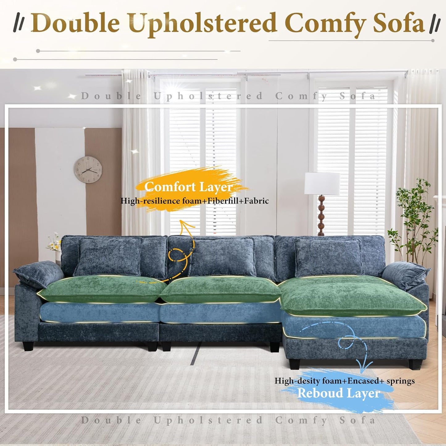 URRED Modular Sectional Sofa Comfy Cloud Couch, Modern Chenille Sofa Sleeper Deep Seat Couches with Ottoman/Pillows for Living Room (Blue, 117''- L Shape)