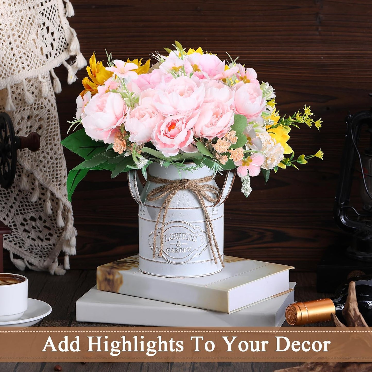 6 Inch Farmhouse Vase Decor Milk Can Vintage Flower Jug Galvanized Metal Vase with Handle Rustic Flower Buckets for Thanksgiving Christmas Table Centerpiece Weddings Gifts(Retro White,2 Pcs)