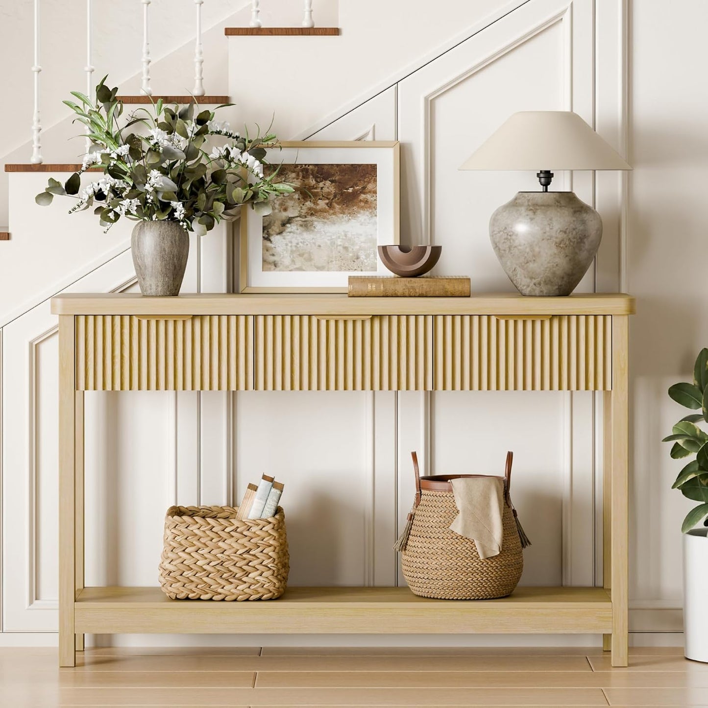 Lulive 51" Fluted Console Table for Entryway, Entryway Table with 3 Wooden Drawers, Farmhouse Behind Sofa Table for Living Room, Hallway, Couch, Foyer