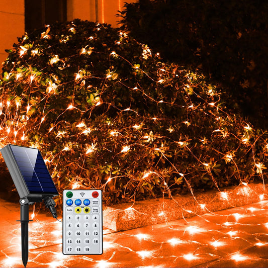 Solar Net Halloween Lights Orange Fall Decor, 200 LED Mesh Lights Outdoor, 19 Modes Transparent Wire Solar Powered Wrap Tree for Garden, Yard, Bushes, Trunk, Christmas Decor-9.8ft x 6.6ft