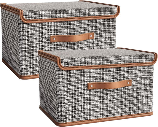Tuza 2 Pack Storage Bins with Lids, Collapsible Closet Organizer Container, Fabric Organizer Box with Handles, Decorative Storage Boxes with Lids for Organizing Clothes, Sheet, Light Grey, Extra Large