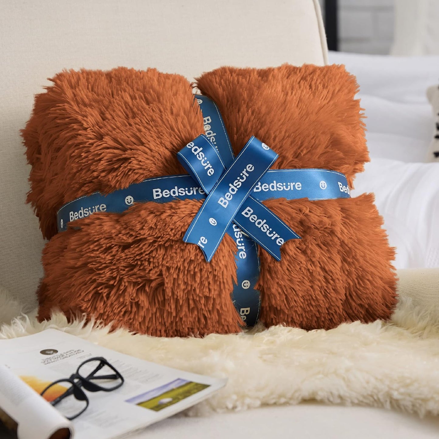 Bedsure GentleSoft Fluffy Burnt Orange Throw Blanket Fall Decorations for Home, Terracotta Blanket Fall Decor for Living Room, Soft Sherpa Fleece Fuzzy Faux Fur Plush Orange Gifts for Women, 50x60