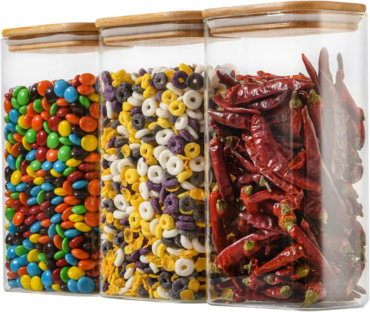 56oz Rectangle Airtight Glass Storage Containers with Bamboo Lids (Set of 3), Square Food Storage Jar, Pantry Organizers for Oats, Cereal, Pasta and Coffee beans (‎with Black Lable)