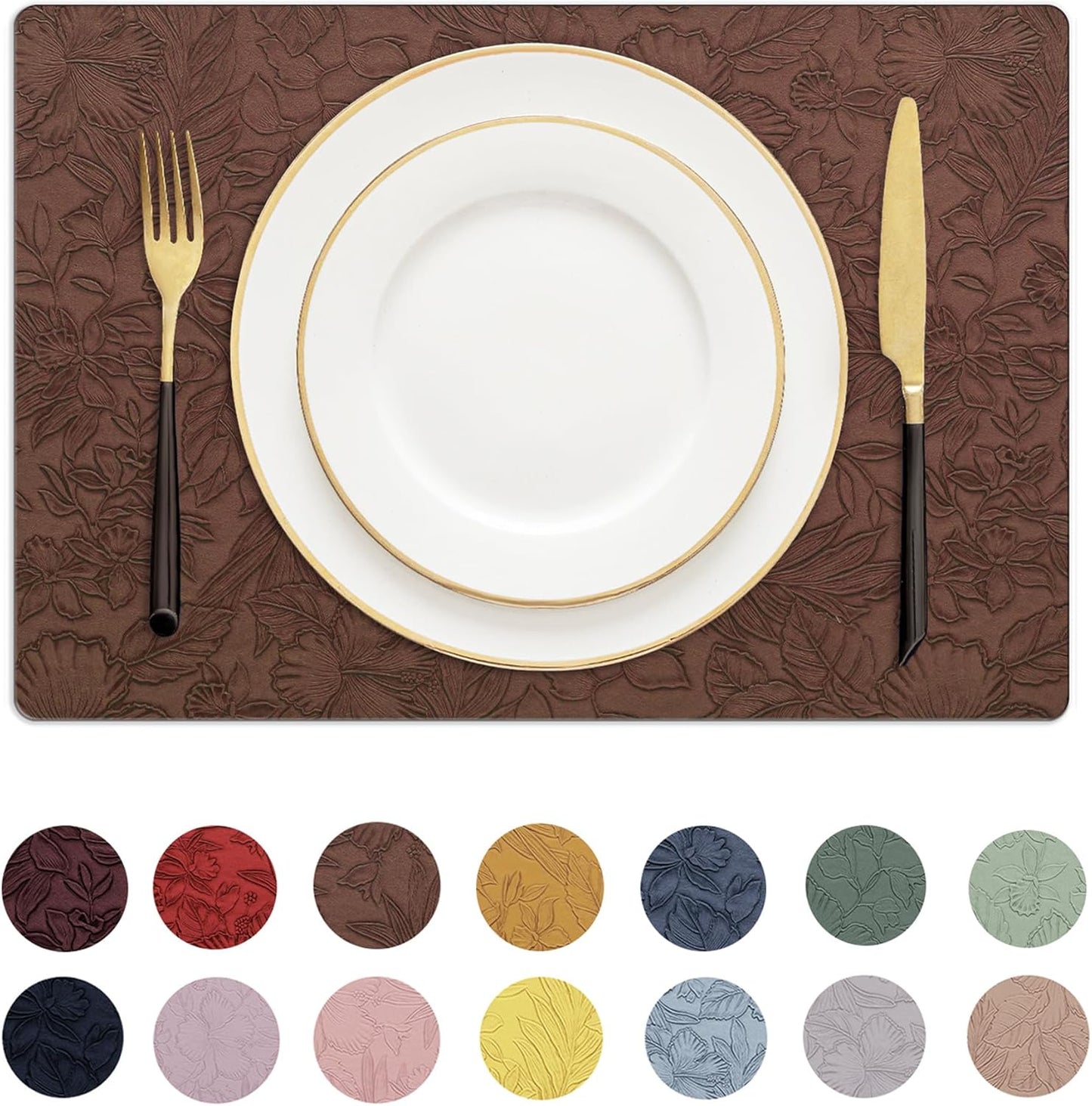 Romanstile Vinyl Placemats Set of 6-12 X 18 Inch - Heat Resistant Non-Slip Embossed Floral Place Mats 100% Waterproof Oilproof Wipeable Faux Leather Table Mats for Kitchen/Dining/Party, Brown